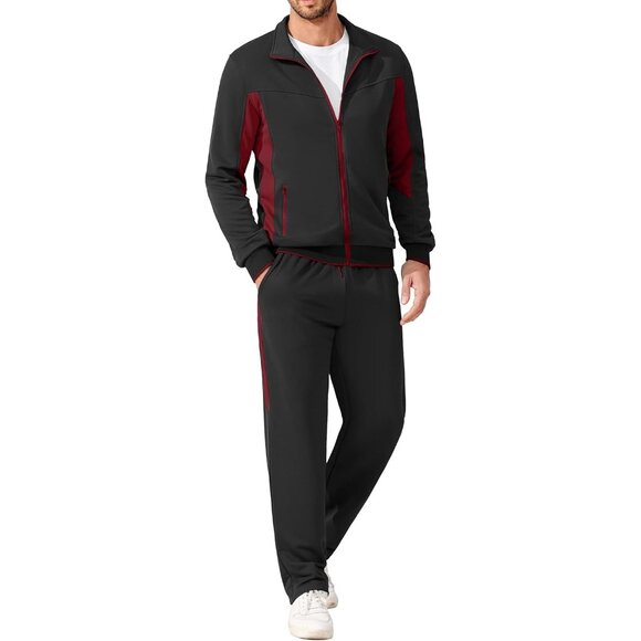 Men's Tracksuits 2 Piece Athletic Track Suit Jogging Running Sweatsuit Black Red - Picture 1 of 6
